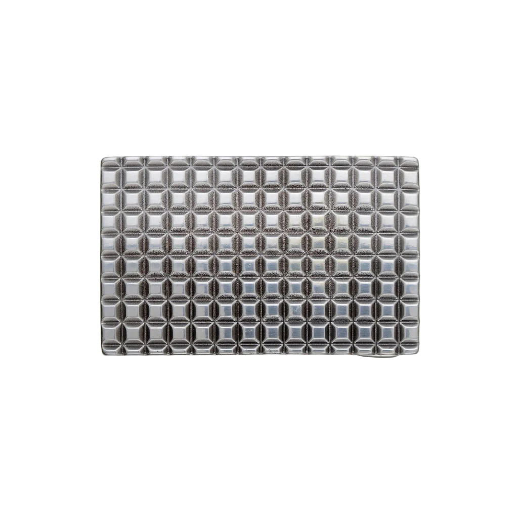 Rectangular silver belt buckle with geometric grid pattern, modern fashion accessory, Italian design inspired engraved metal buckle, stylish men’s belt hardware, contemporary minimalist accessory