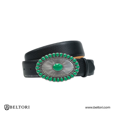 Oval Concho Complete Belt Silver Green Enamel – Black Croc Leather
