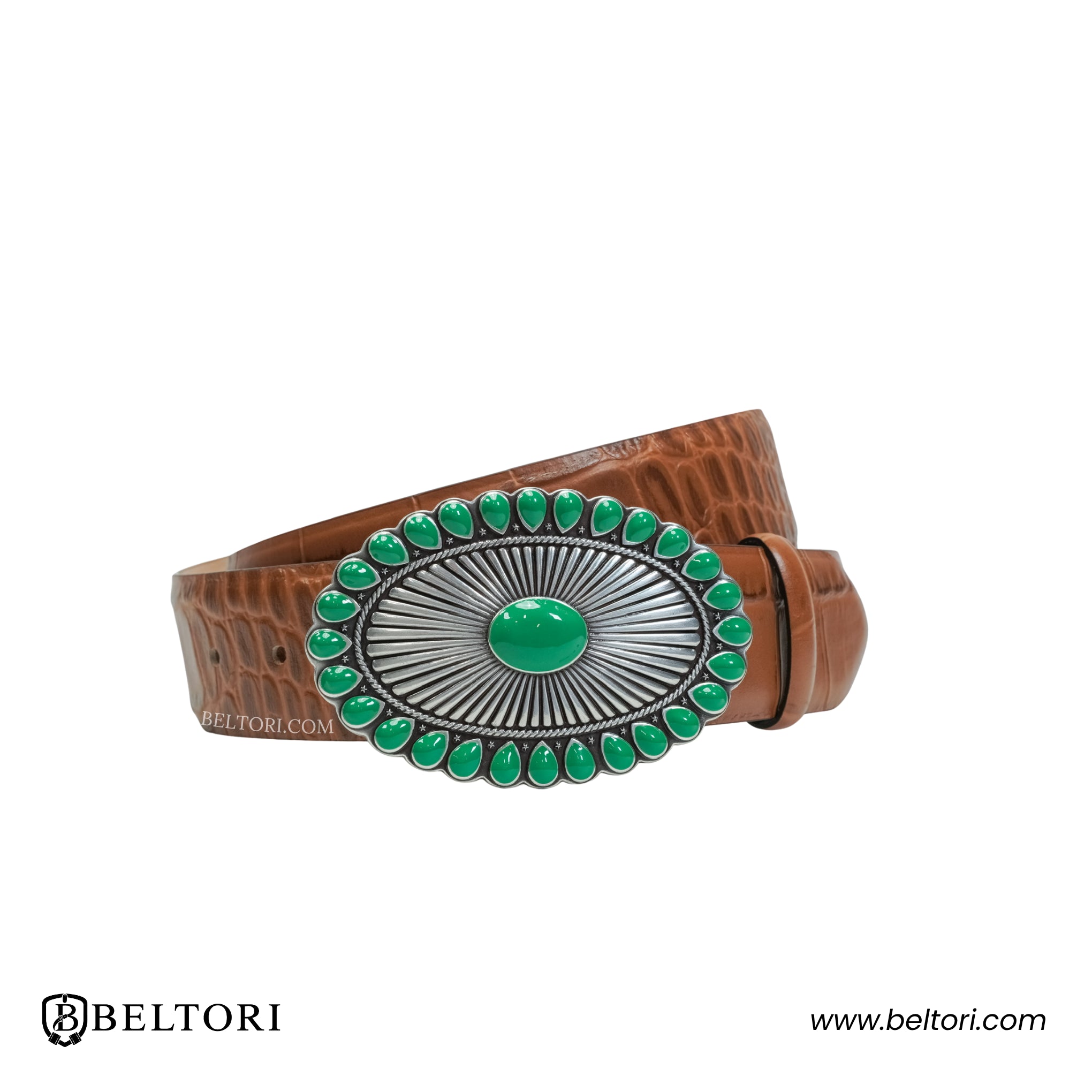 Oval Concho Complete Belt Silver Green Enamel – Brown Leather