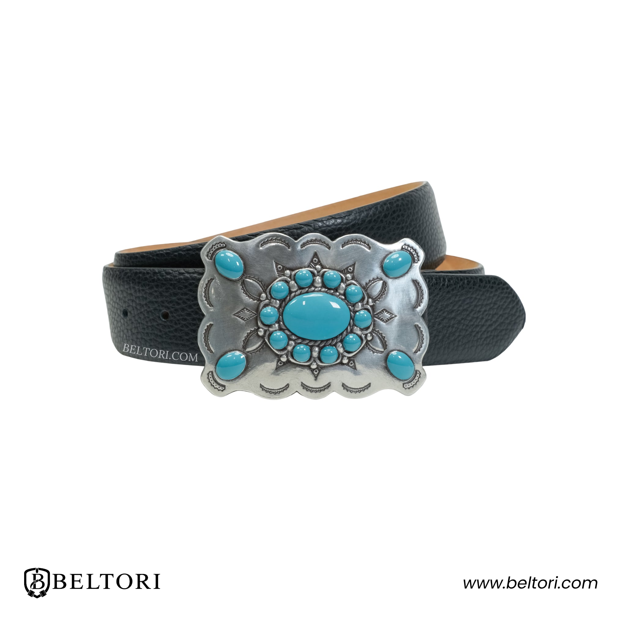 Turquoise Concho English Silver Complete Belt – Black Croc Leather