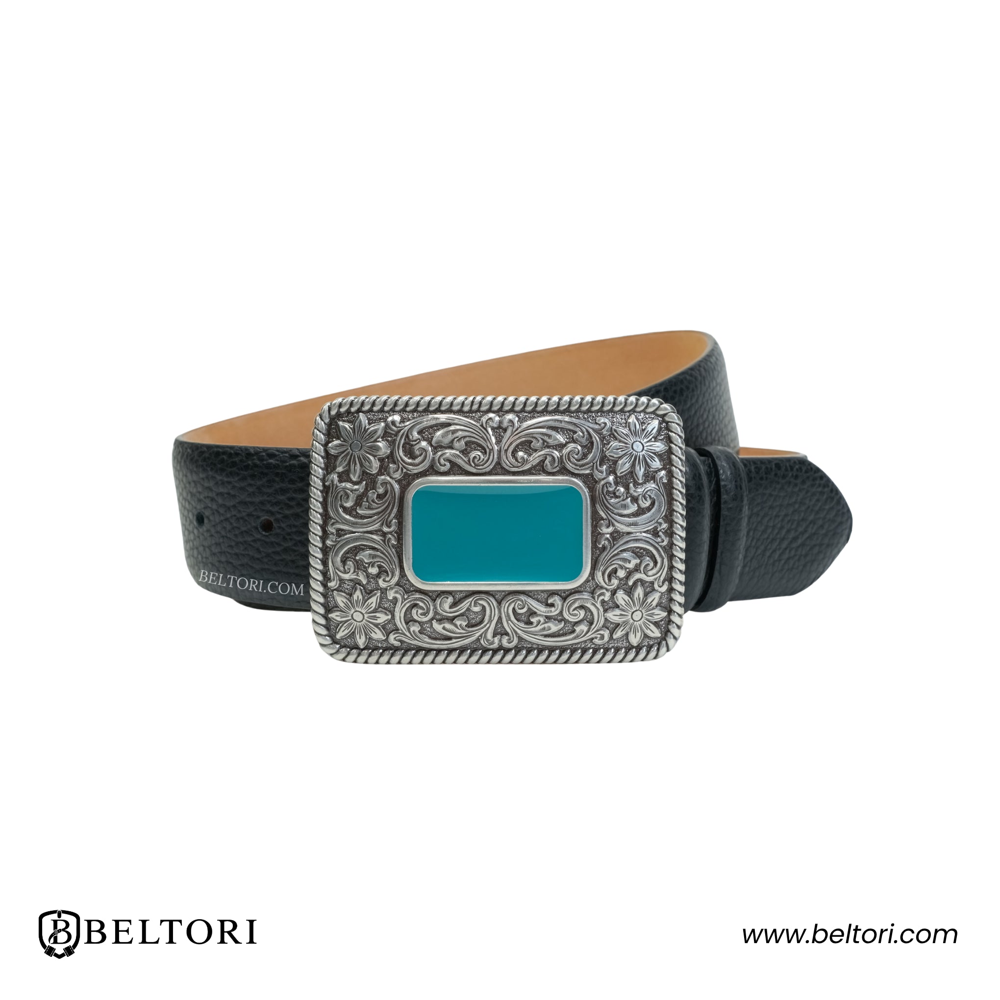 Floral Scroll English Silver Complete Belt – Black Croc Leather