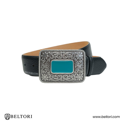 Floral Scroll English Silver Complete Belt – Black Croc Leather