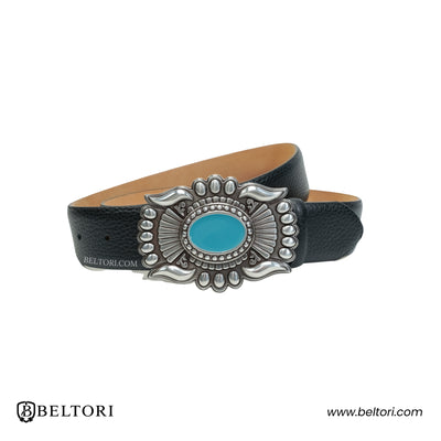 Western Oval English Silver Complete Belt – Black Croc Leather