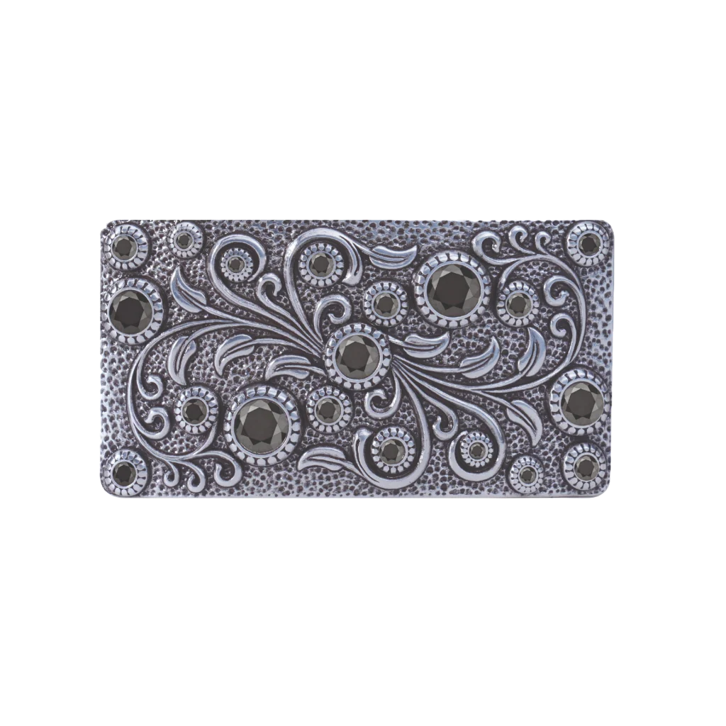 A detailed, ornate silver belt buckle. This unique fashion accessory features an intricate floral and scrollwork pattern embellished with various sizes of black gems, with a look that suggests a high-quality Italian design aesthetic.