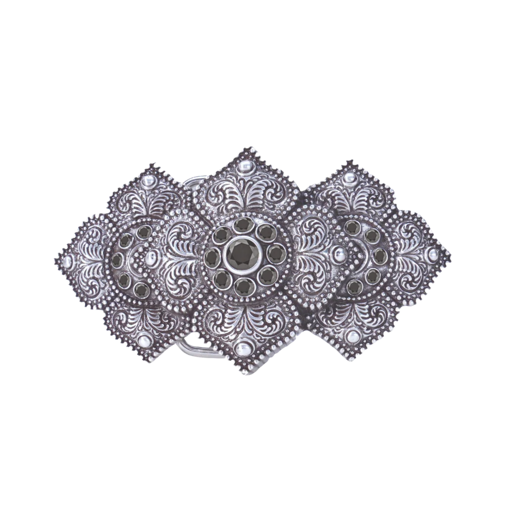 A detailed, ornate silver fashion accessory. This piece features three interconnected floral medallions with intricate scrollwork and black gems, with a high-quality look that suggests a refined Italian design aesthetic.