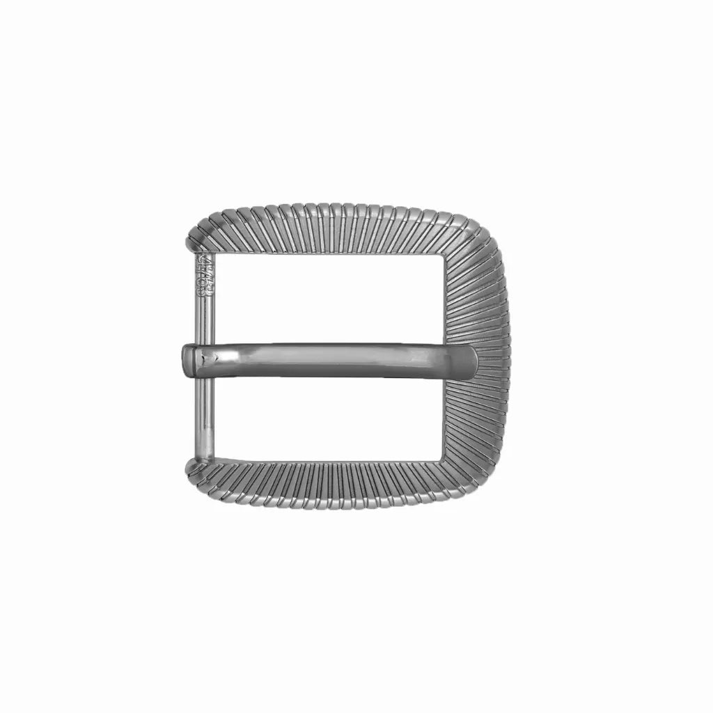 Brushed silver-tone rectangular belt buckle featuring a fine radiating sunburst texture and matching belt keeper.
