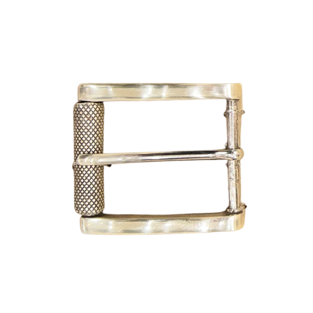 English silver belt buckle with textured barrel design, handcrafted Zamak finish, minimalist rectangular style