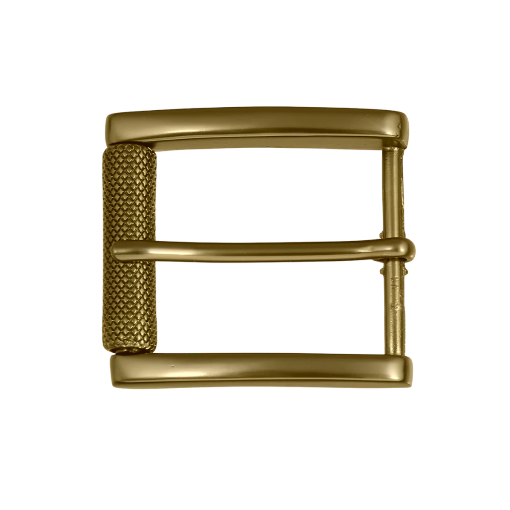 Shiny Old Gold 40mm belt buckle with knurled roller detail.