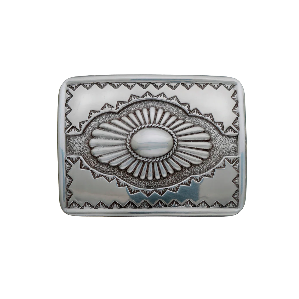 Rectangular silver-tone belt buckle with a central concho and intricate southwestern-style carvings, a unique Italian design fashion accessory.