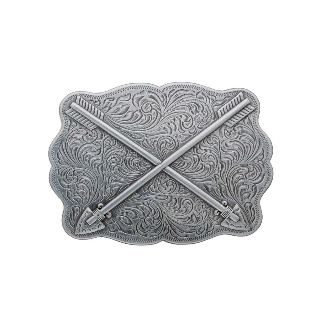 A detailed silver belt buckle with a Western design. This fashion accessory features two crossed arrows over an ornate background of scrollwork and patterns.