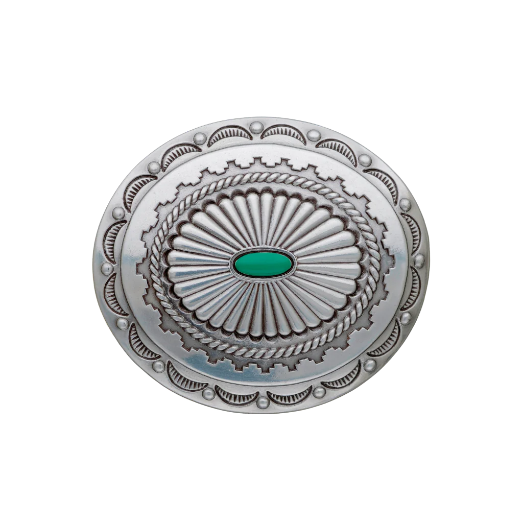 A detailed silver belt buckle with a Southwestern or concho-style design. This fashion accessory features an oval shape with a central green stone, surrounded by concentric rings of fluted, rope, and stamped patterns.