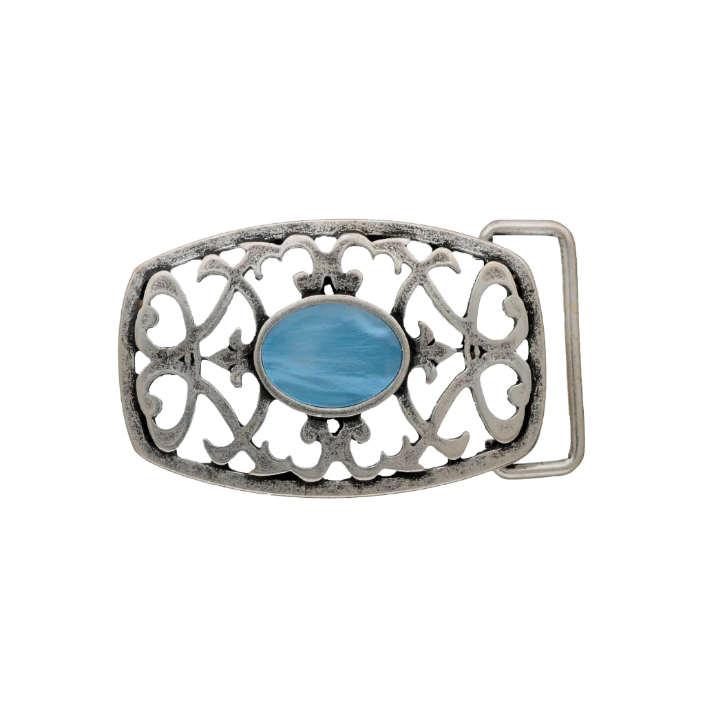 Brushed silver rectangular belt buckle with a beautiful open filigree design and a central blue turquoise stone, a stylish fashion accessory with a vintage Italian design.