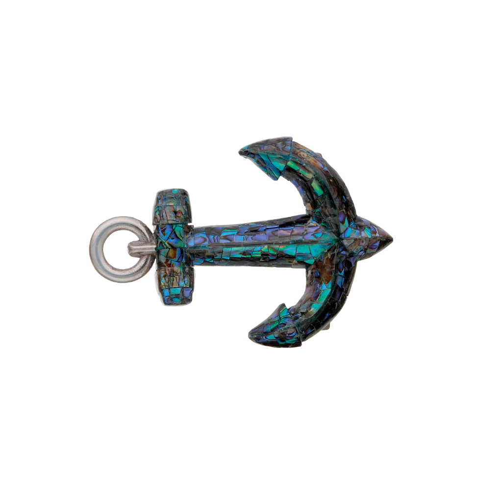 Intricate abalone shell anchor belt buckle, a striking fashion accessory with a unique Italian design, perfect for a nautical or coastal look.

