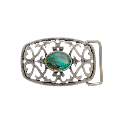 Brushed silver rectangular belt buckle with a beautiful open filigree design and a central green abalone shell stone, a stylish fashion accessory with a vintage Italian design.