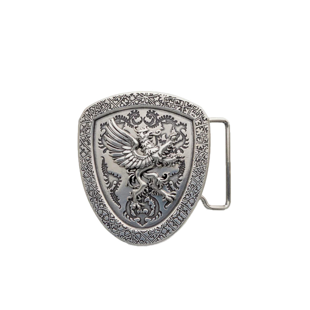 Silver shield belt buckle with griffin design, medieval heraldic fashion accessory, Italian design inspired gothic style, engraved vintage armor motif buckle for men’s belts, collectible fantasy accessory