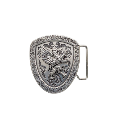 Silver shield belt buckle with griffin design, medieval heraldic fashion accessory, Italian design inspired gothic style, engraved vintage armor motif buckle for men’s belts, collectible fantasy accessory