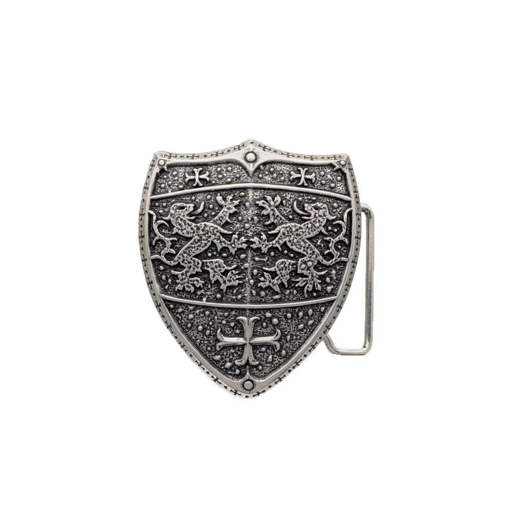 Shield belt buckle with medieval lion design, silver engraved fashion accessory, Italian design inspired heraldic style, ornate gothic shield buckle for men’s belts, vintage armor motif collectible accessory