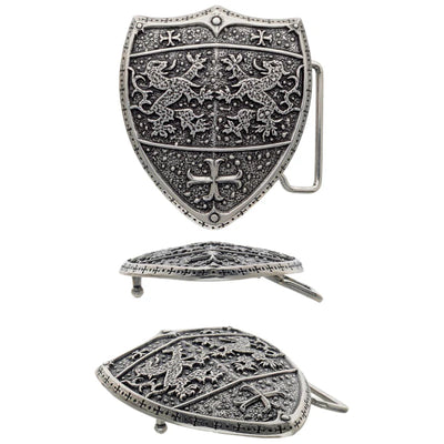 Shield belt buckle with medieval lion design, silver engraved fashion accessory, Italian design inspired heraldic style, ornate gothic shield buckle for men’s belts, vintage armor motif collectible accessory
