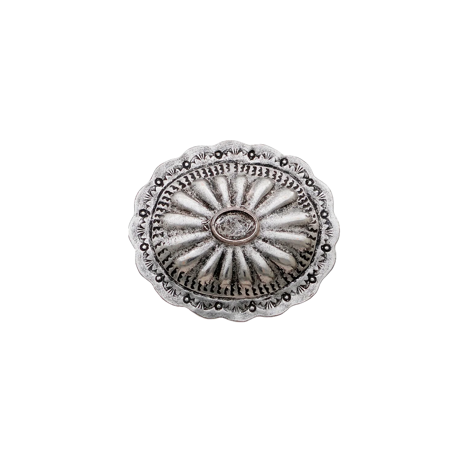 Antique silver oval western concho with sunburst stamping and scalloped edges.