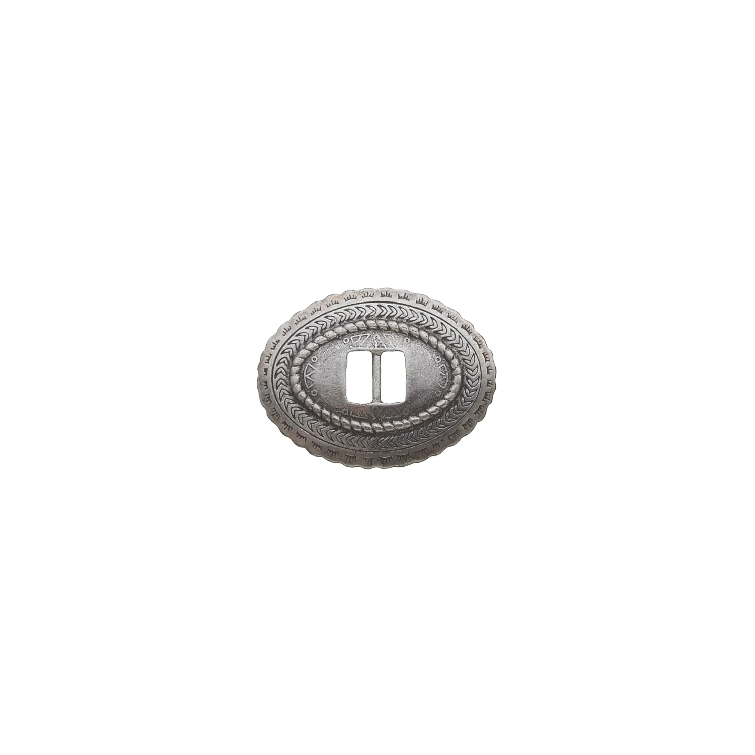 English silver oval belt buckle with braided edge engraving, double slot center design, handcrafted Zamak accessory