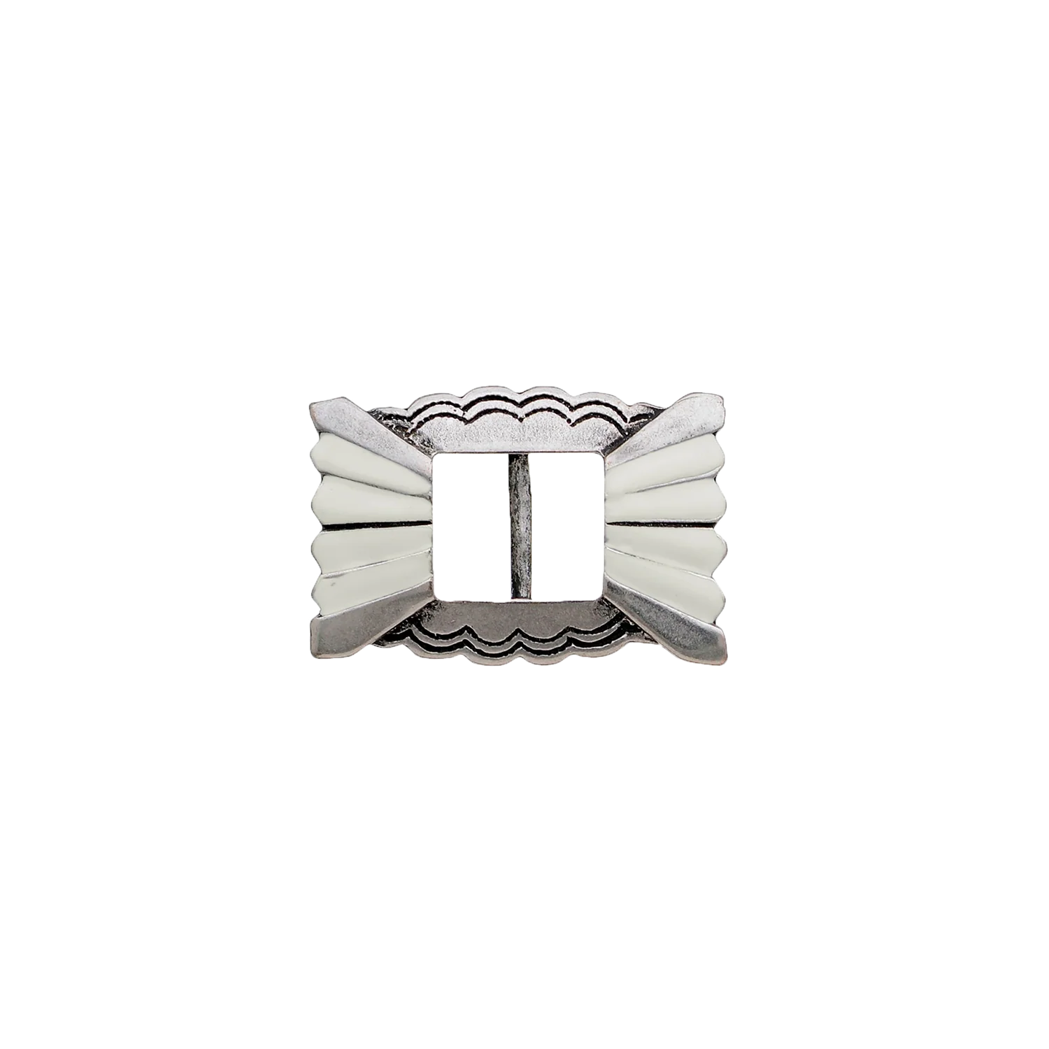 Vintage silver scalloped rectangular belt buckle with white enamel fan detail.