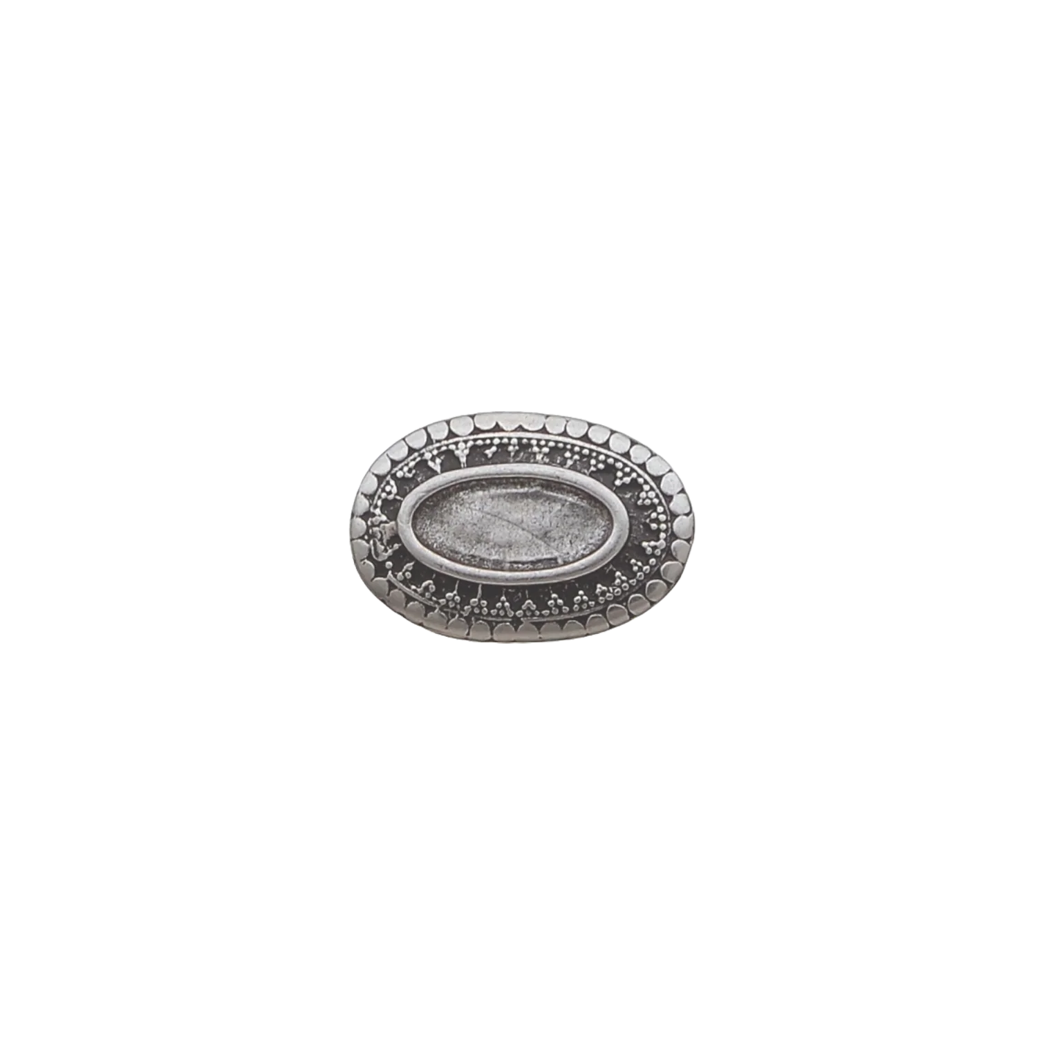 Silver oval western concho slider with stamped floral border and recessed center.