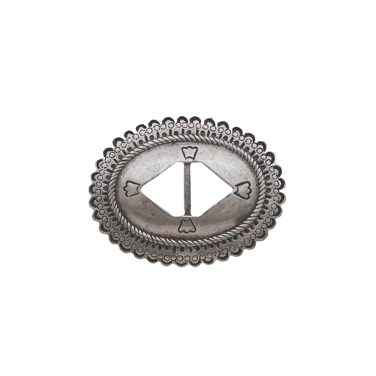 Scalloped silver oval belt slider with rope border and stamped flower accents.
