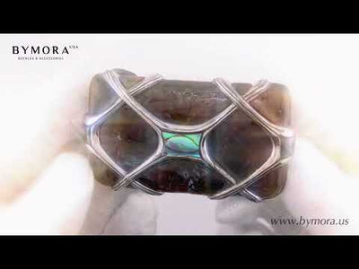 Geometric Crossed Bands 40mm Belt Buckle – English Silver Finish + Cracked Violet Oyster & Paua Blue Mother of Pearl