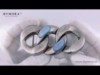 Chain Link 40mm Belt Buckle – English Silver Finish + Solid Blue Hammer Shell Mother of Pearl