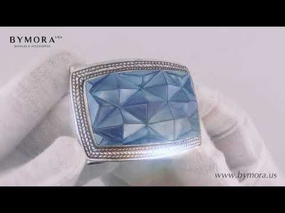 Geometric Mosaic 40mm Belt Buckle – English Silver Finish + Solid Blue Hammer Shell Mother of Pearl