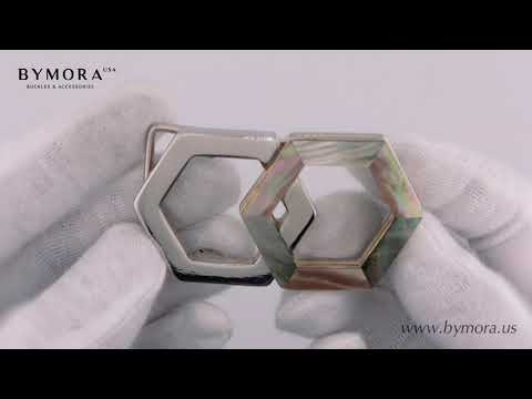 Load video: Interlocking Hexagon 40mm Belt Buckle – Shiny Nickelfree Finish + Black Lip &amp; Brown Lip Mother of Pearl